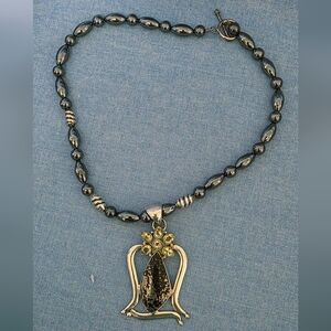 Hematite & Sterling Silver Beaded Necklace with Sterling Silver/Obsidian Pendant